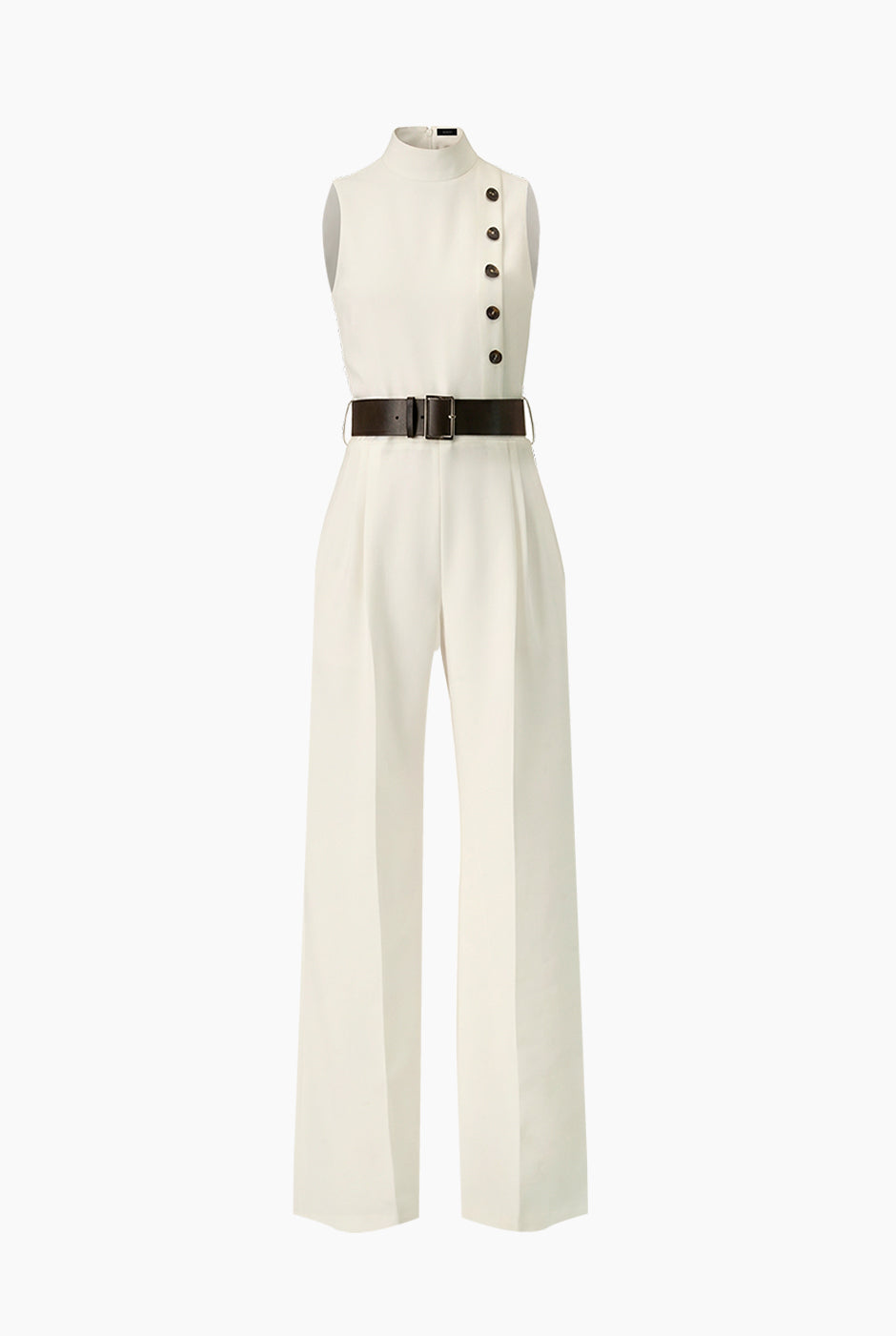 Jumpsuit marfil sin mangas con cinturón y botones frontales
