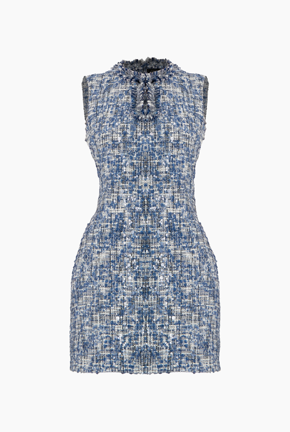 Vestido corto azul sin mangas con lentejuelas y escote de gota