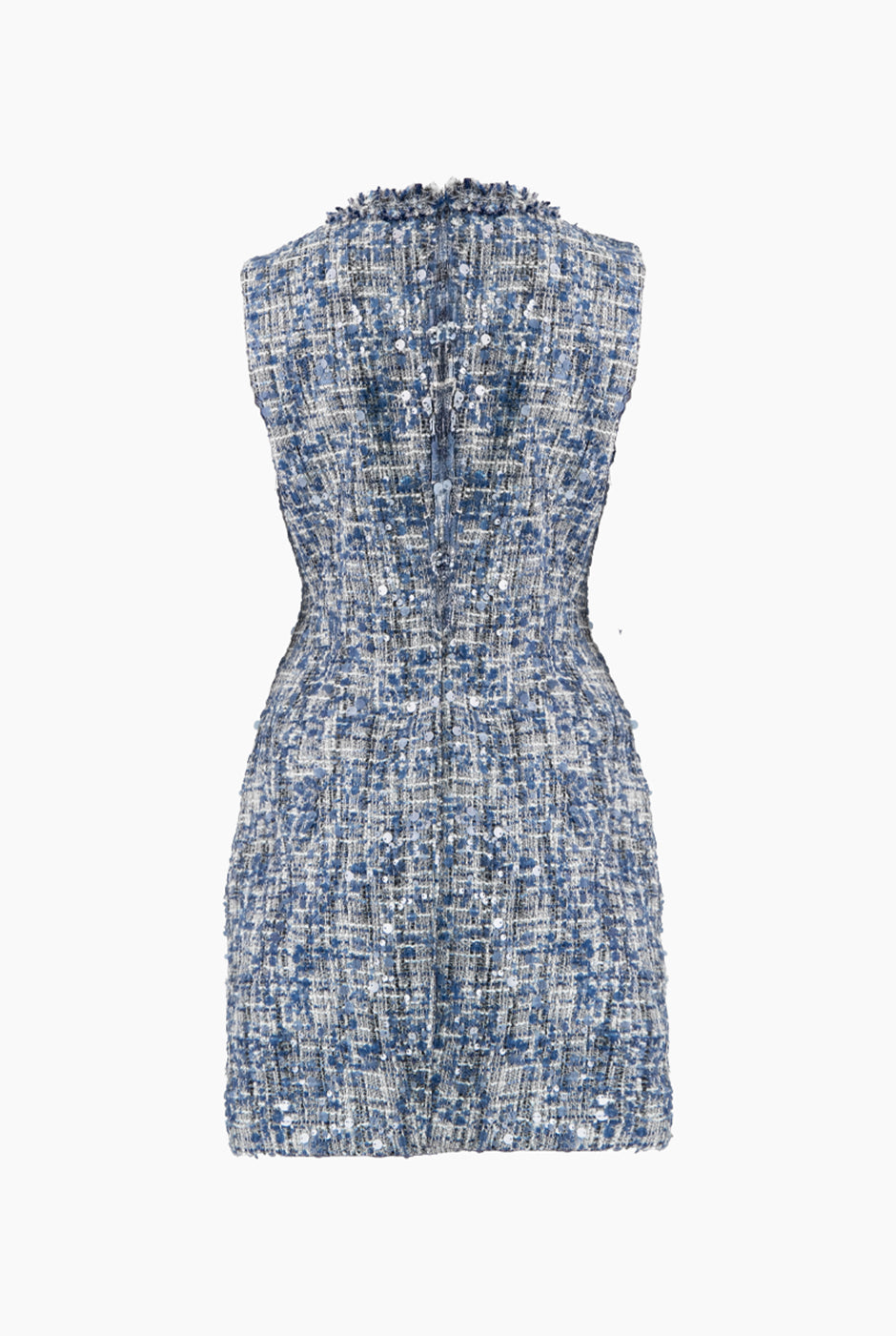 Vestido corto azul sin mangas con lentejuelas y escote de gota