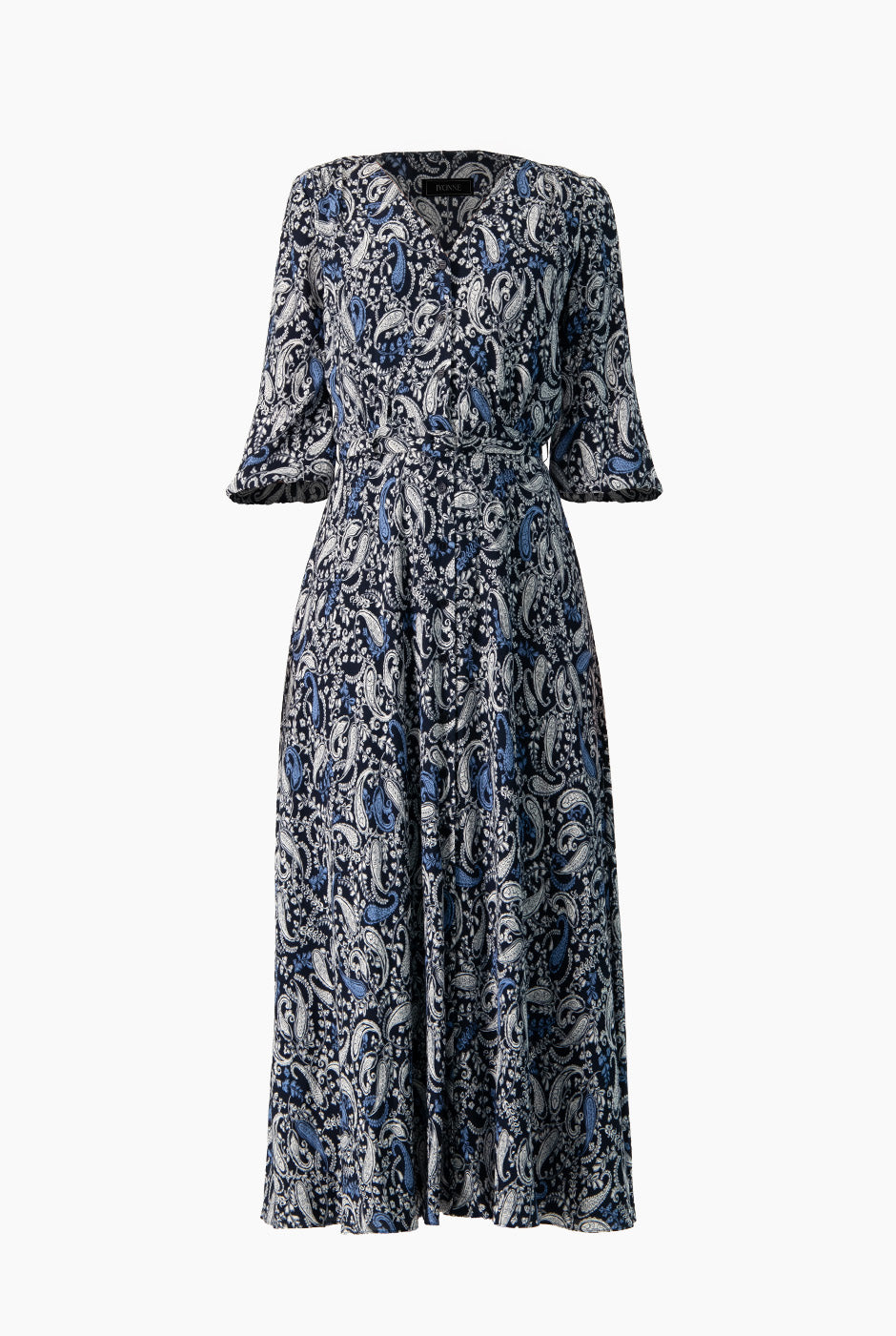 Maxi vestido azul marino estampado con escote V y cinturón