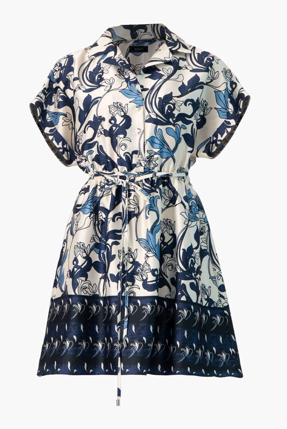 Vestido corto estampado multicolor con manga caída y cinturón