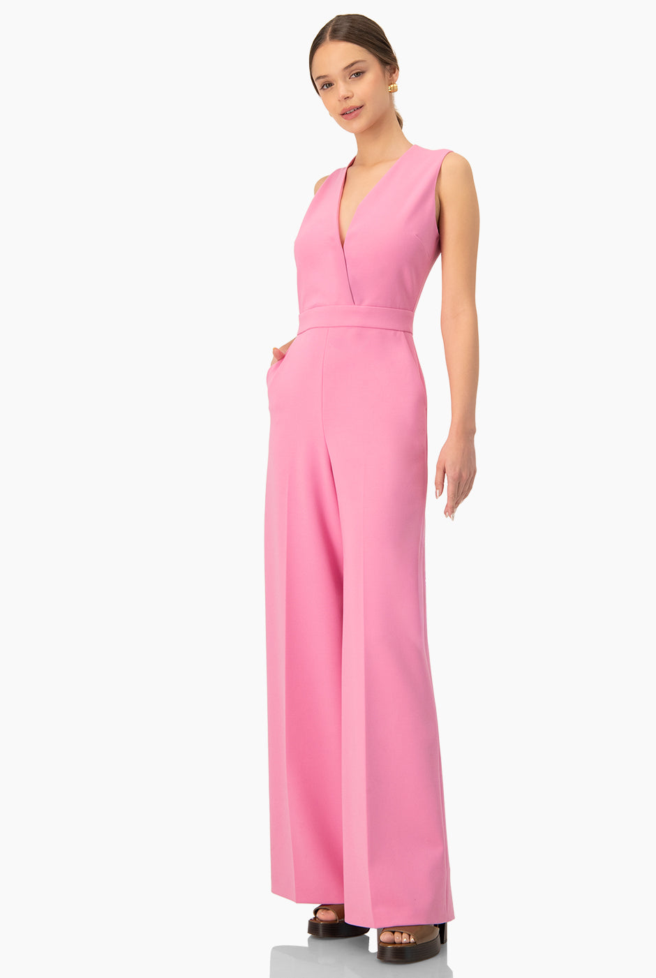 Jumpsuit rosa sin mangas con escote en V y pierna amplia