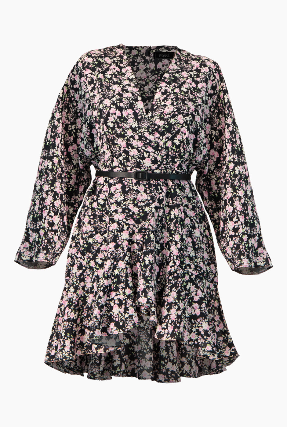 Vestido corto floreado con escote en V y mangas largas