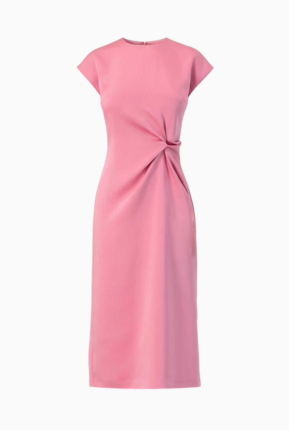 Vestido rosa midi de hombro caído con nudo en la cintura