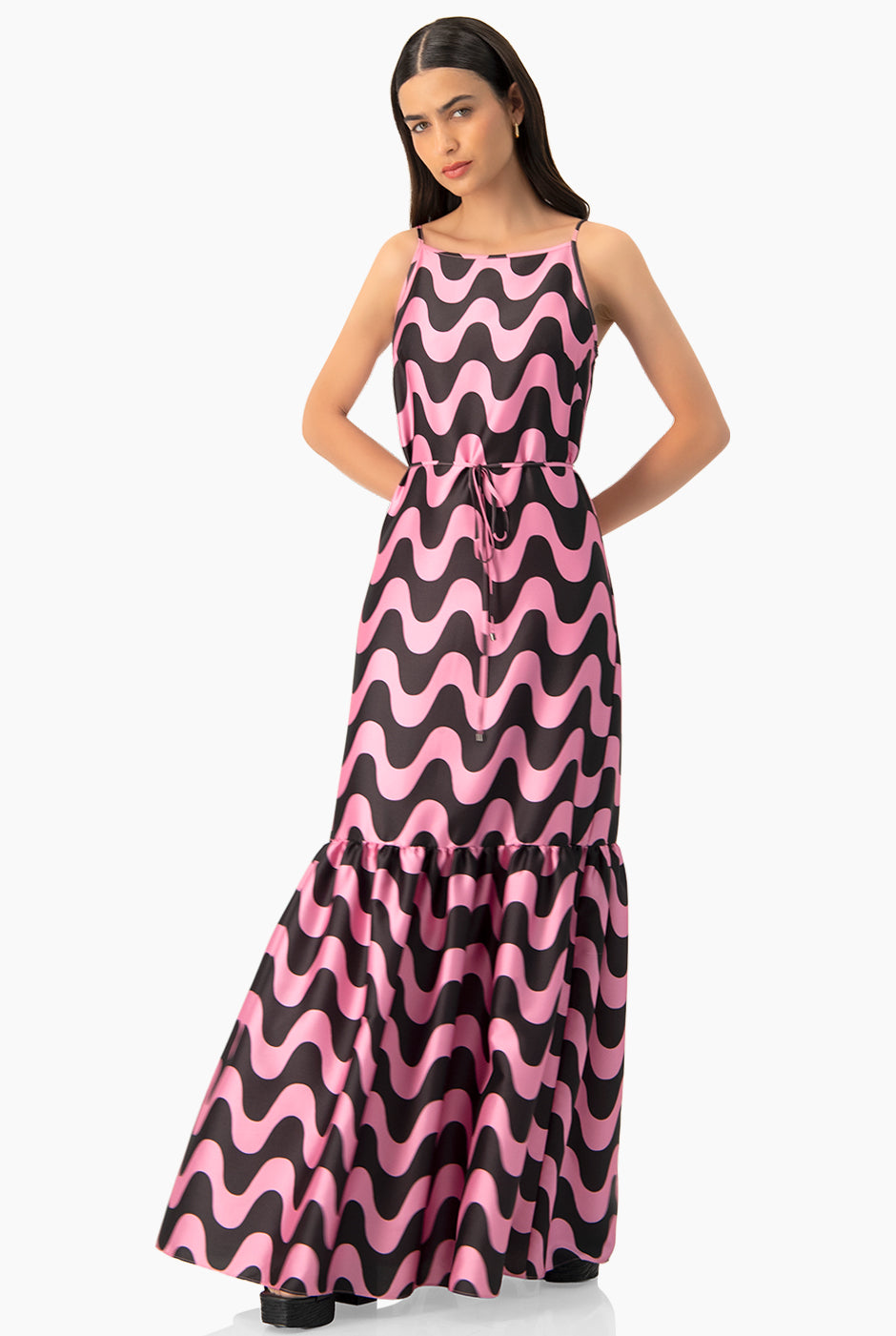 Vestido maxi estampado rosa sin mangas con cinturón