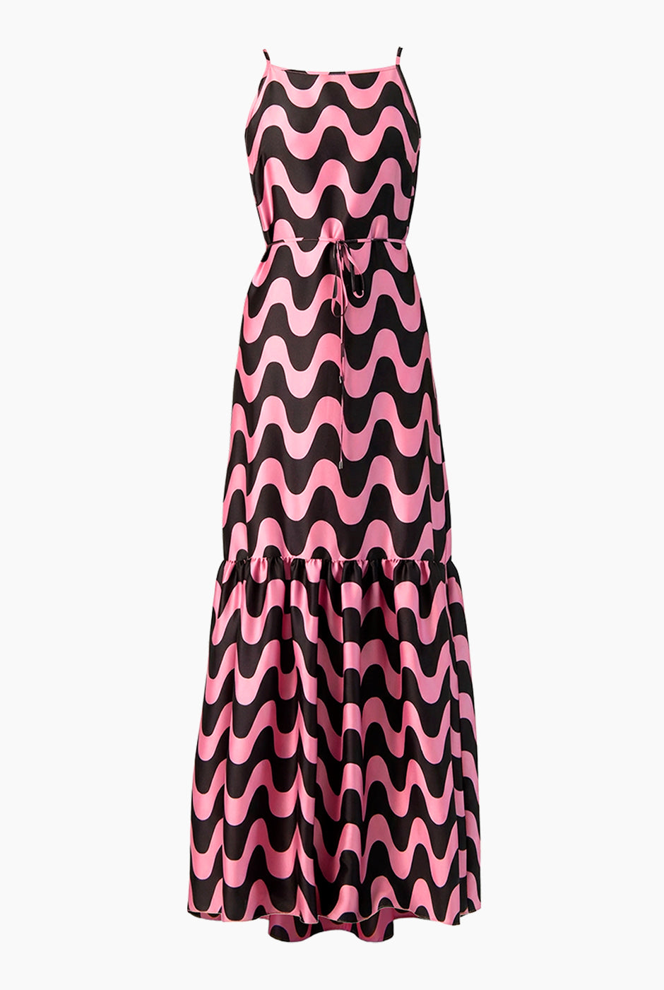 Vestido maxi estampado rosa sin mangas con cinturón