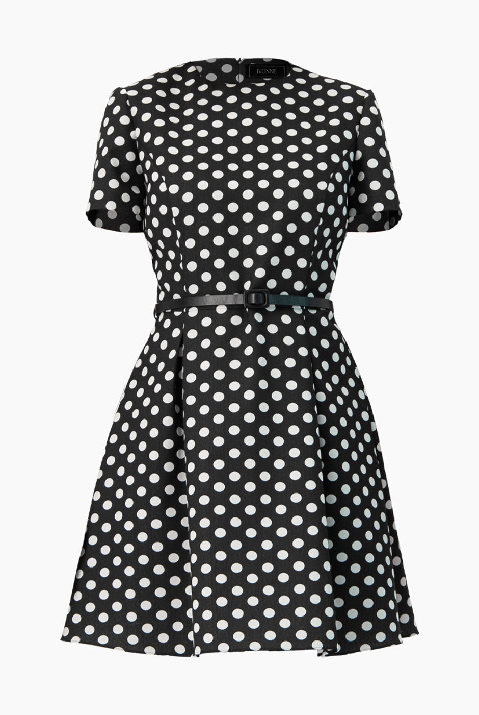 Vestido corto línea A negro con estampado de lunares