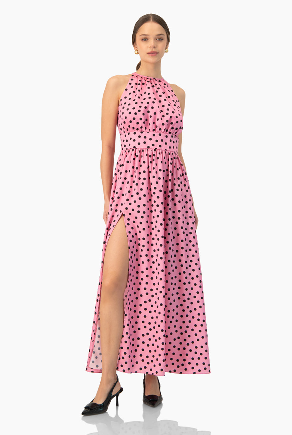 Vestido largo rosa estampado de lunares con abertura lateral