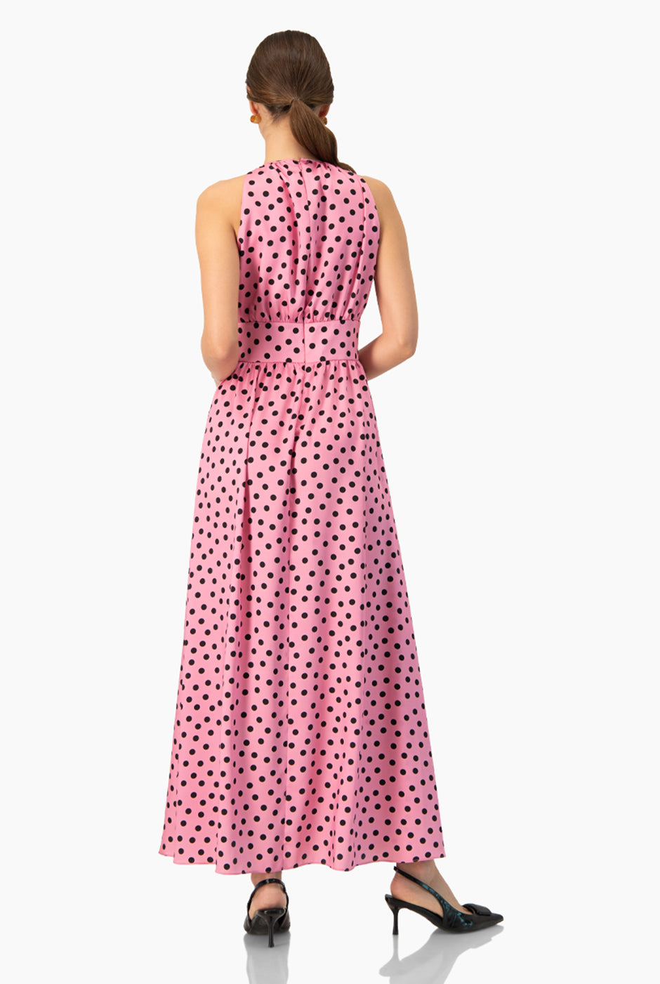 Vestido largo rosa estampado de lunares con abertura lateral