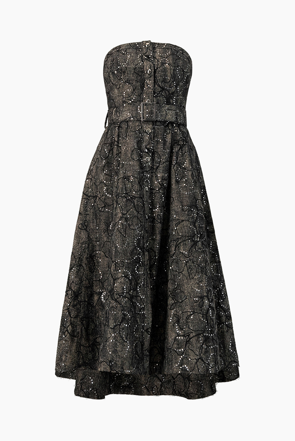 Vestido midi negro strapless con botones frontales y cinturón