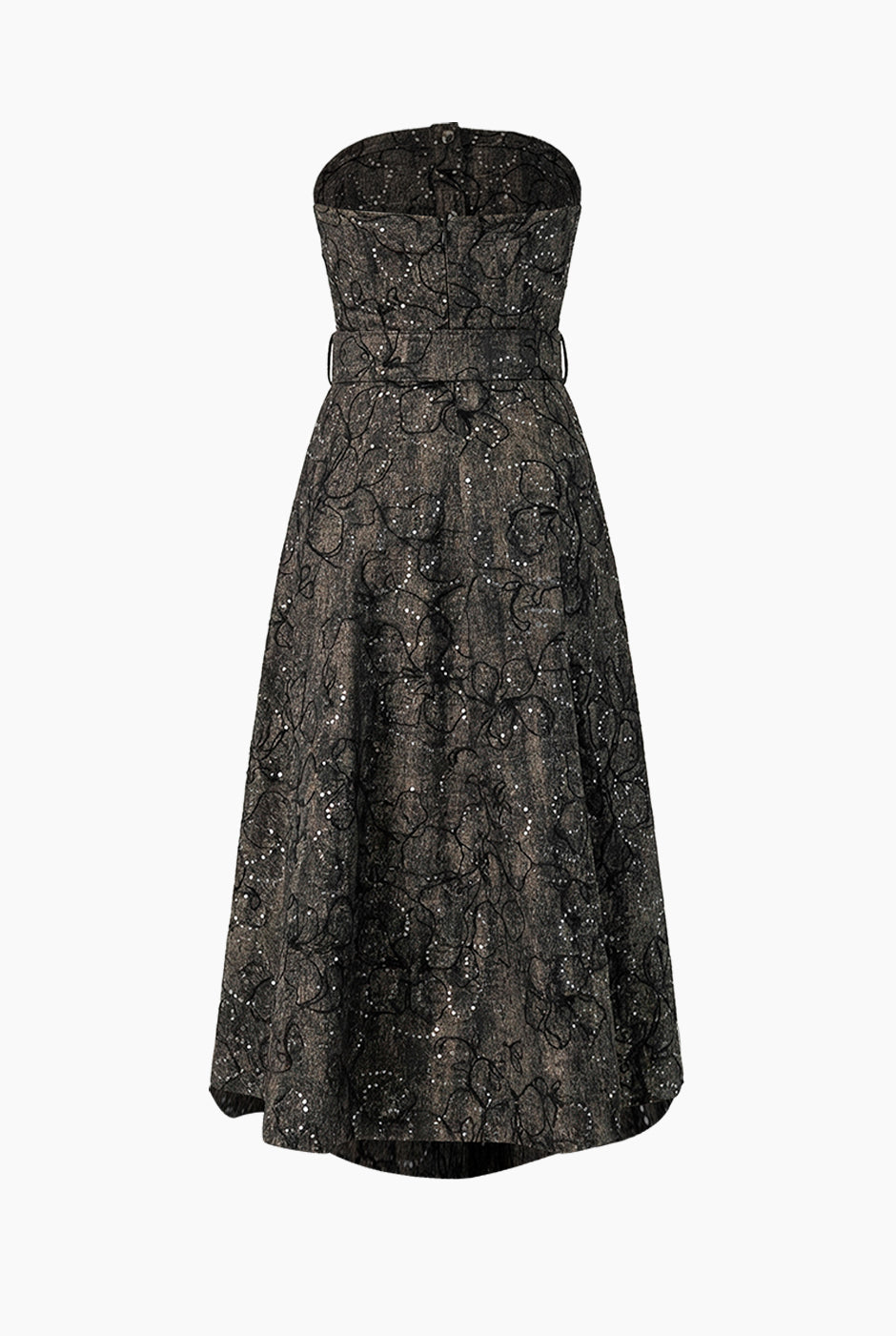 Vestido midi negro strapless con botones frontales y cinturón