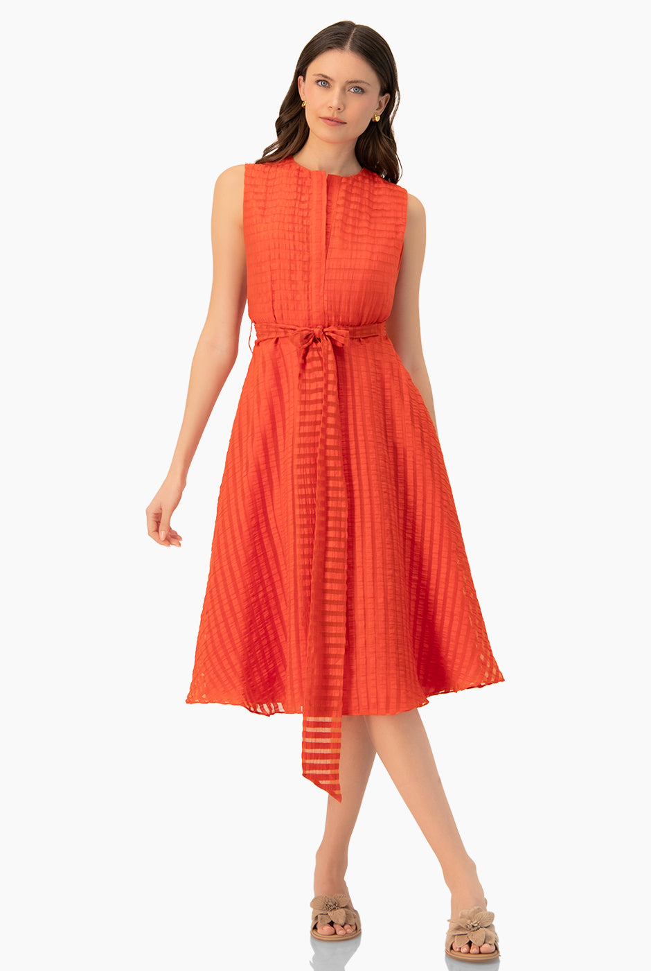 Vestido línea A naranja con estampado de rayas y cinta en cintura