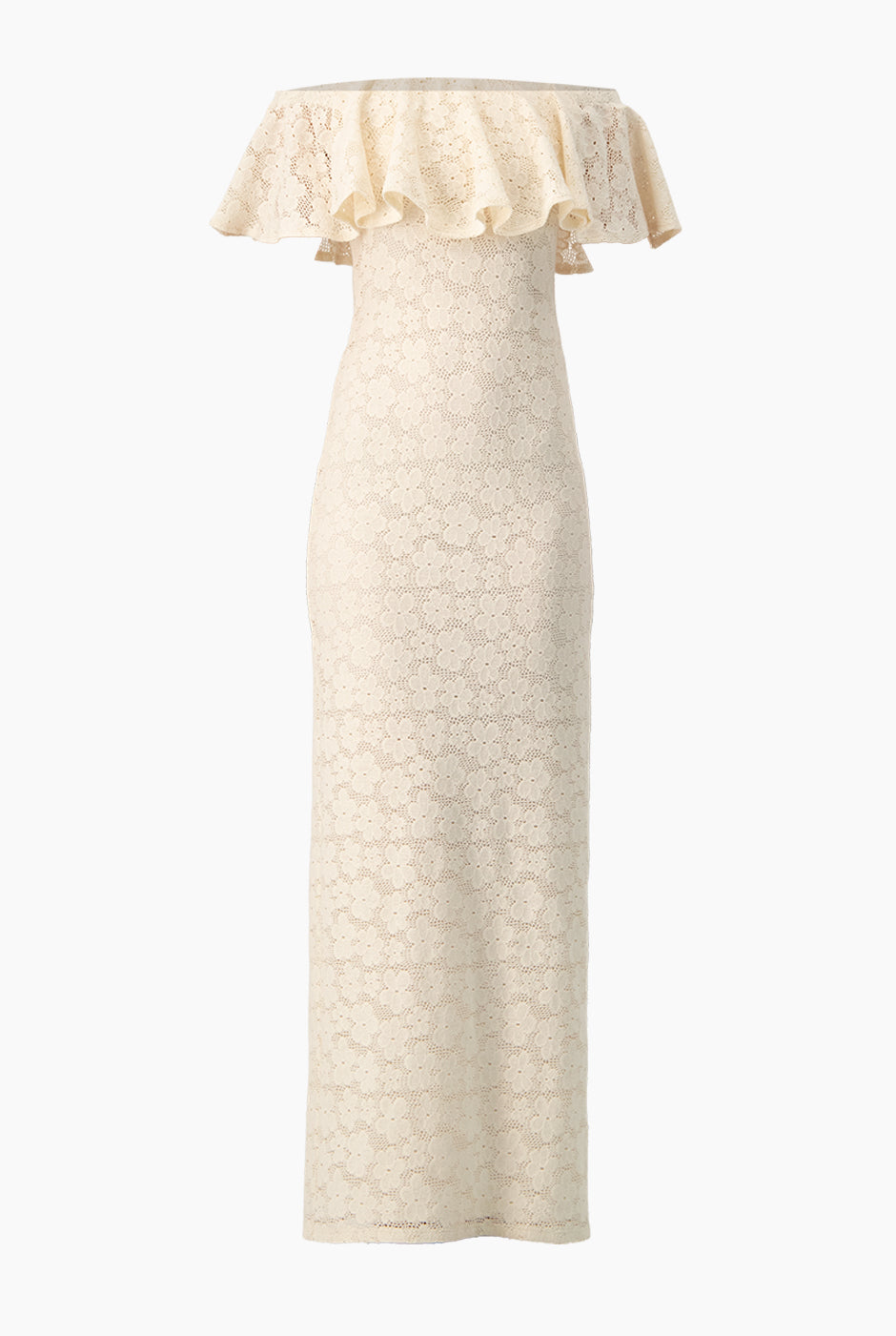 Vestido largo marfil escote bardot con olanes