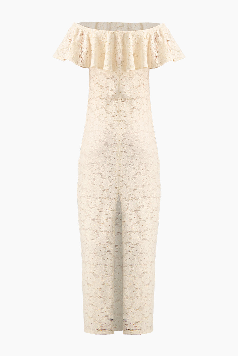 Vestido largo marfil escote bardot con olanes