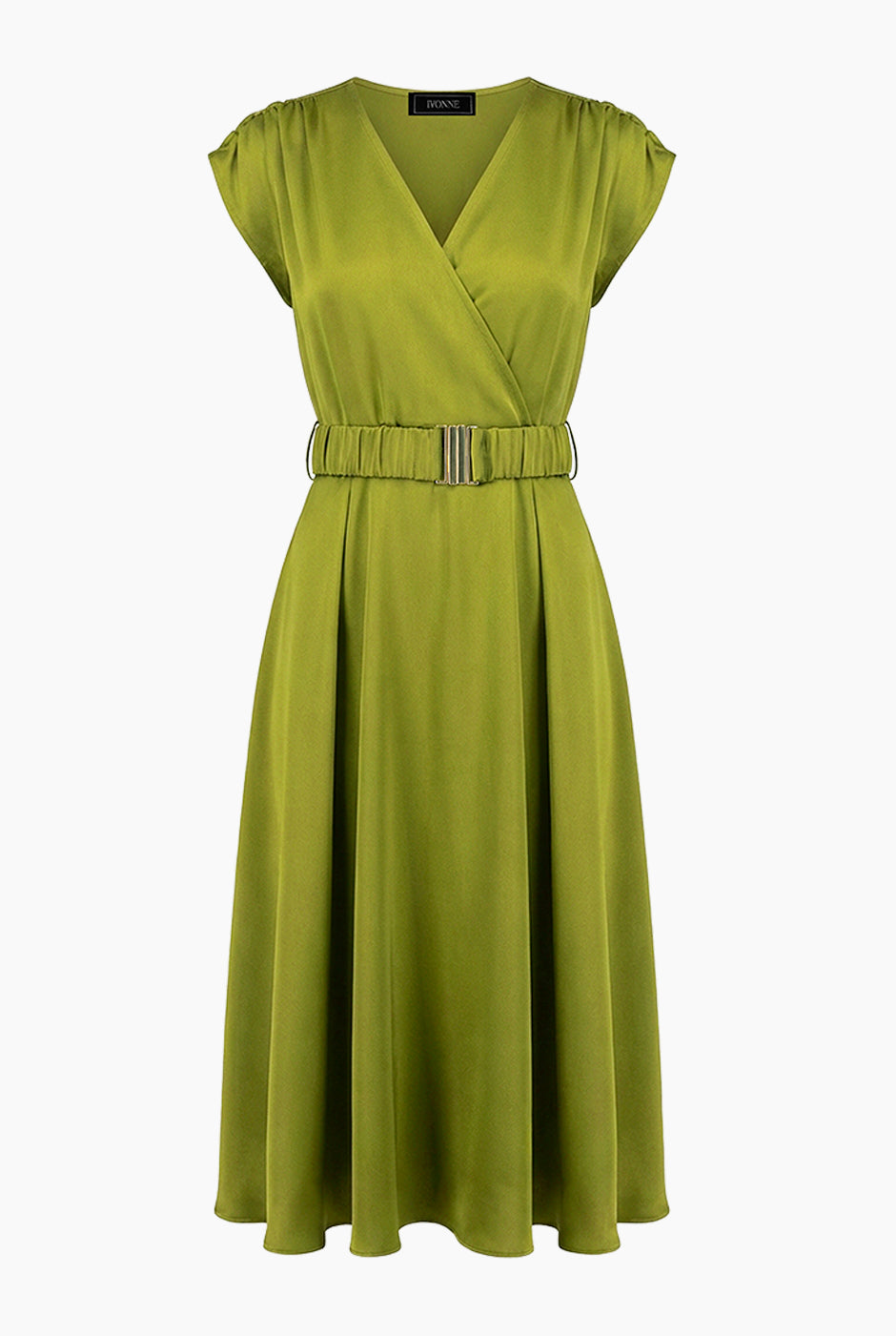 Vestido midi verde con escote en V y cinturón