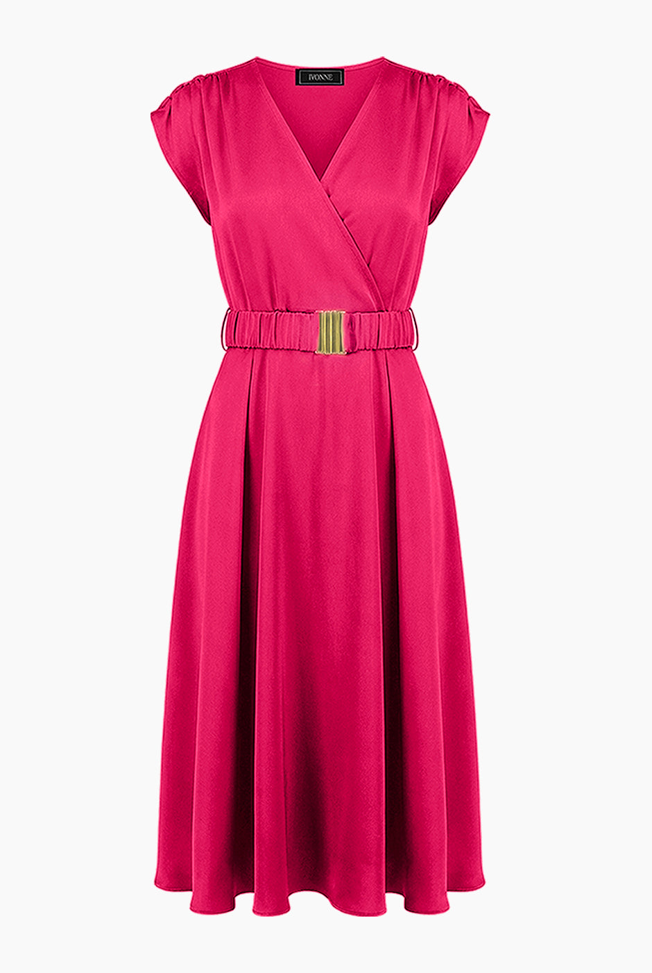 Vestido midi fucsia con escote en V y cinturón