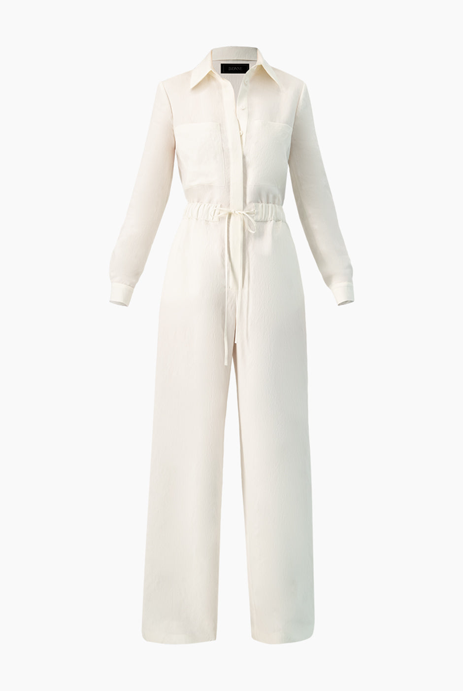 Jumpsuit marfil con mangas largas y cinturón en cintura