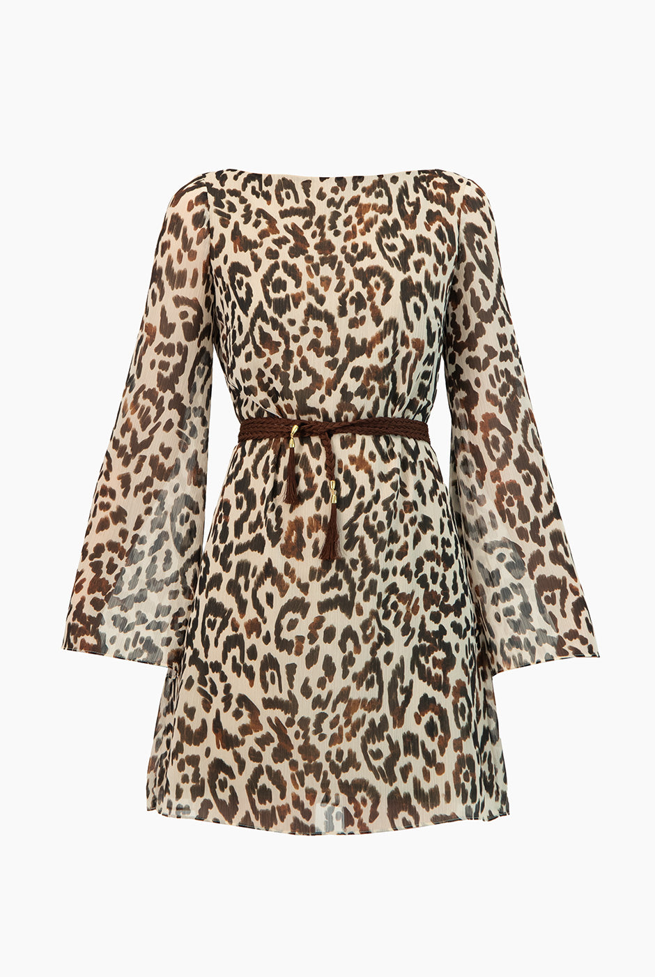 Vestido corto café con estampado animal print y cinta