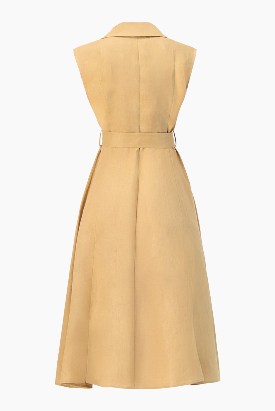 Vestido largo beige con cinta y cuello solapa