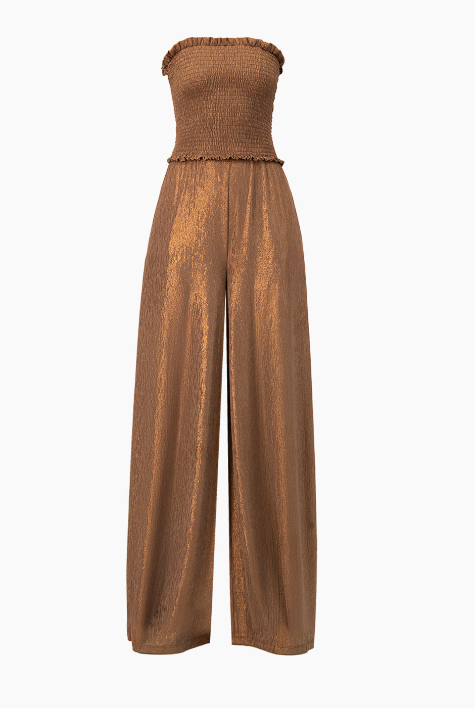 Jumpsuit strapless cobre con detalle smock y pierna amplia