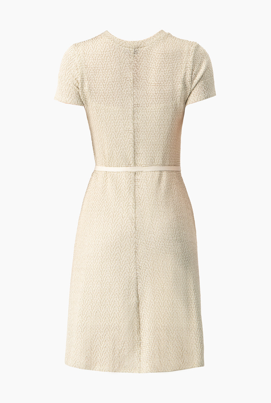 Vestido corto tejido dorado con cinta y mangas cortas