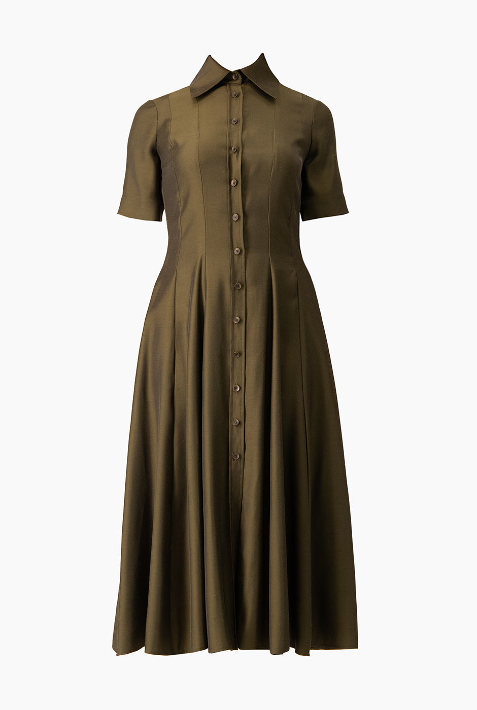 Vestido camisero midi verde olivo con botones y mangas cortas