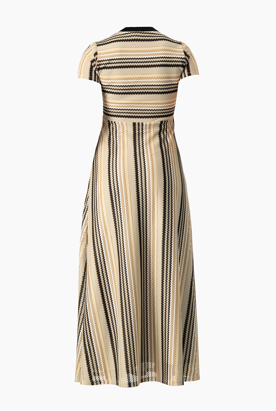Vestido maxi tejido beige con estampado de rayas y mangas cortas