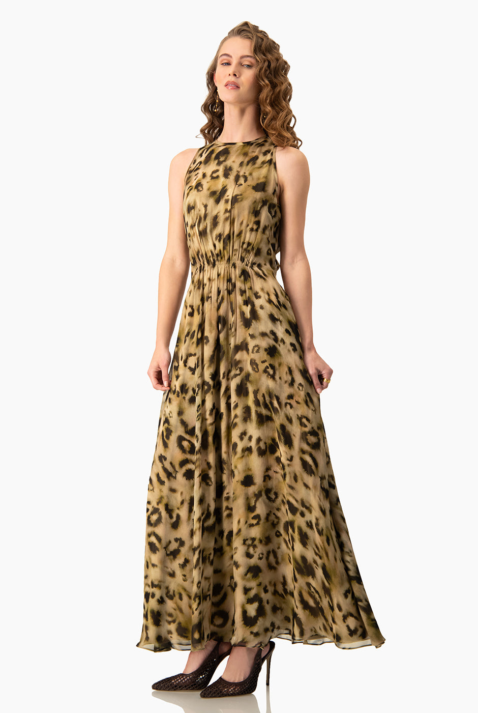 Vestido maxi estampado verde olivo sin mangas