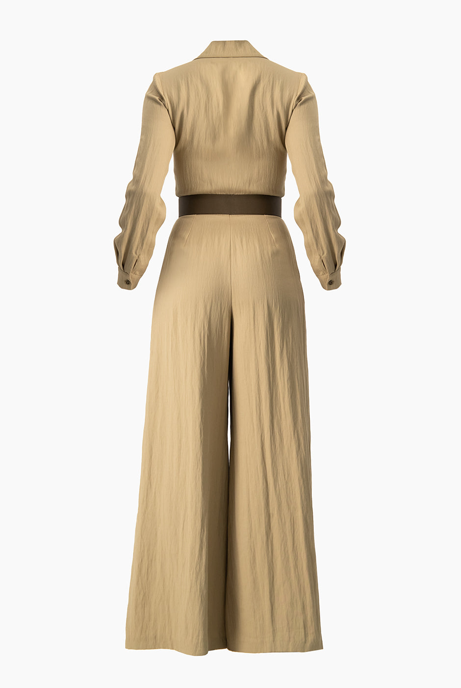 Jumpsuit verde olivo de pierna ancha con cinturón y bolsillos