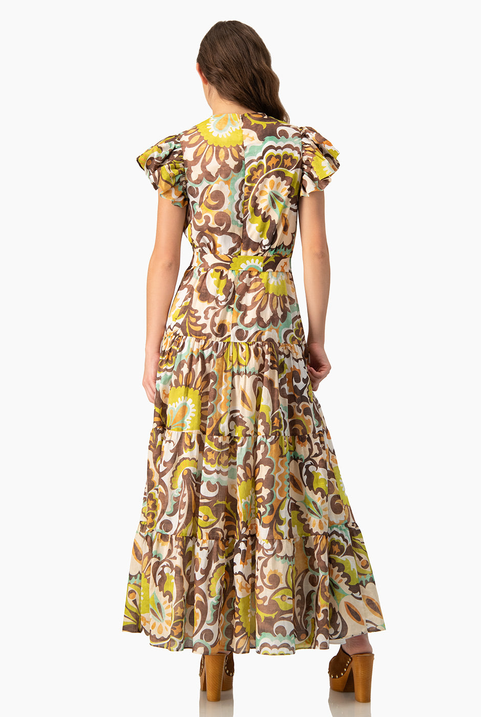 Vestido midi multicolor con volantes y estampado floral