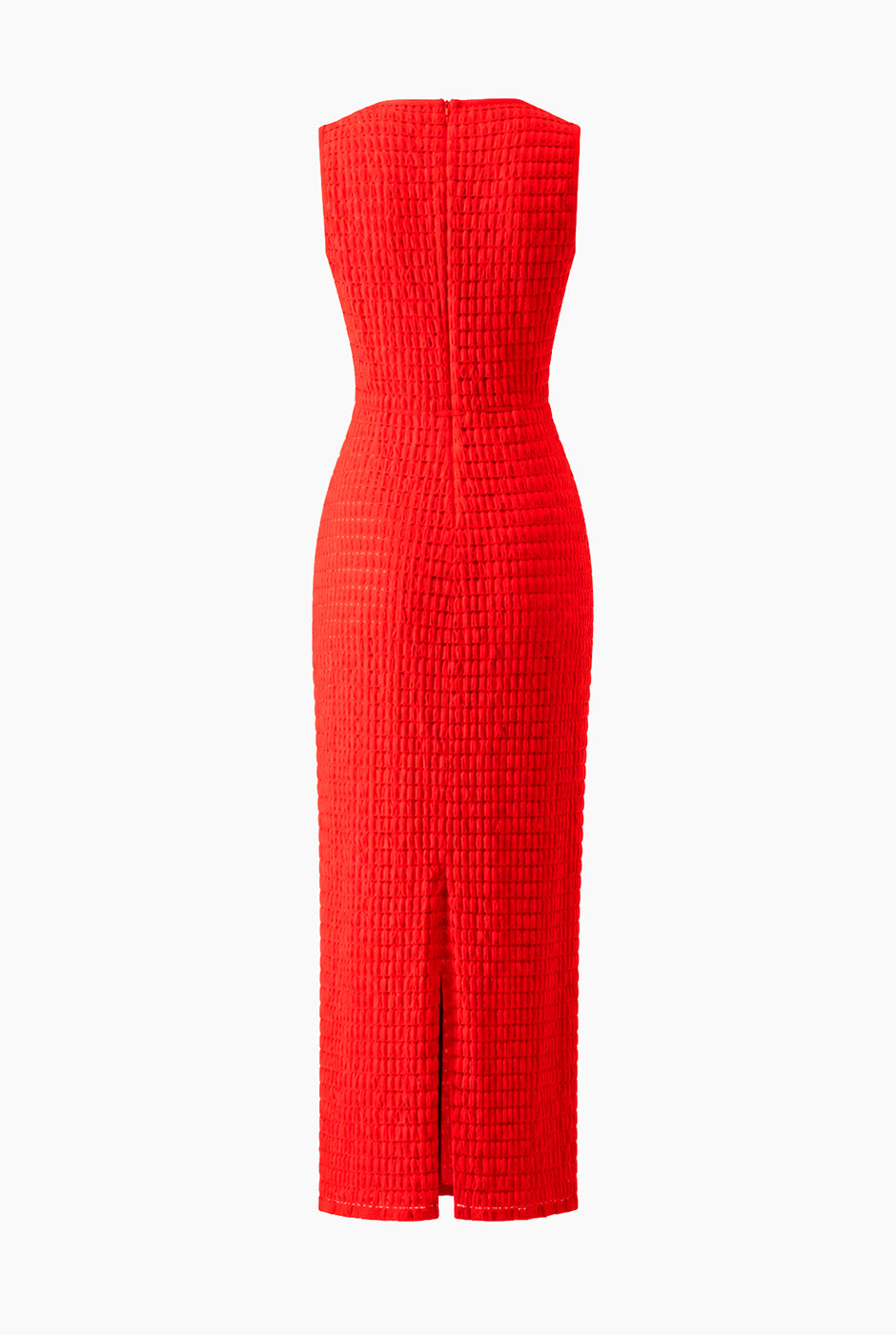 Vestido Ivonne largo rojo con textura cuadriculada y cinturón delgado.