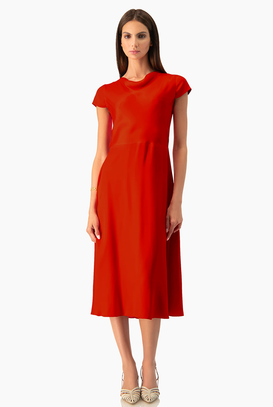 Vestido midi Ivonne rojo, diseño elegante con cinta en cintura