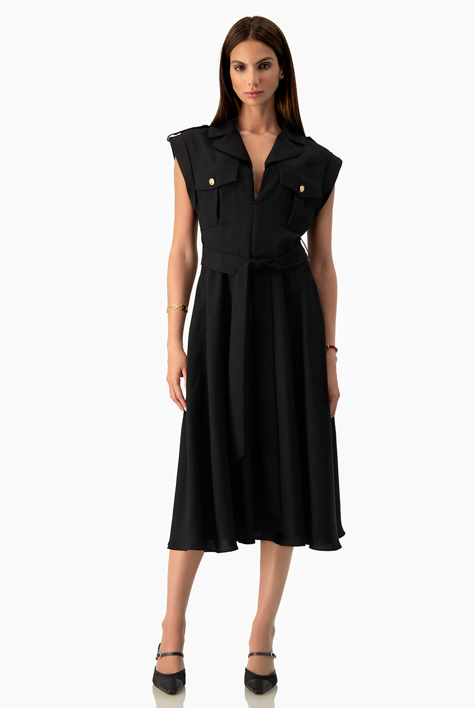 Vestido midi Ivonne negro con cinta en cintura y botones dorados
