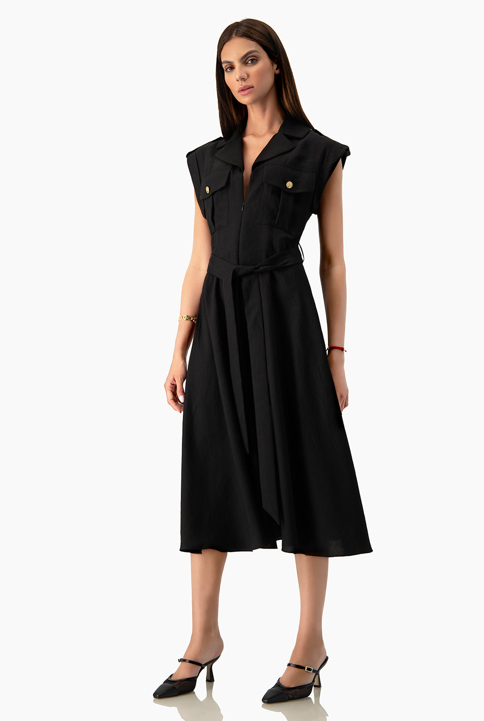 Vestido midi Ivonne negro con cinta en cintura y botones dorados