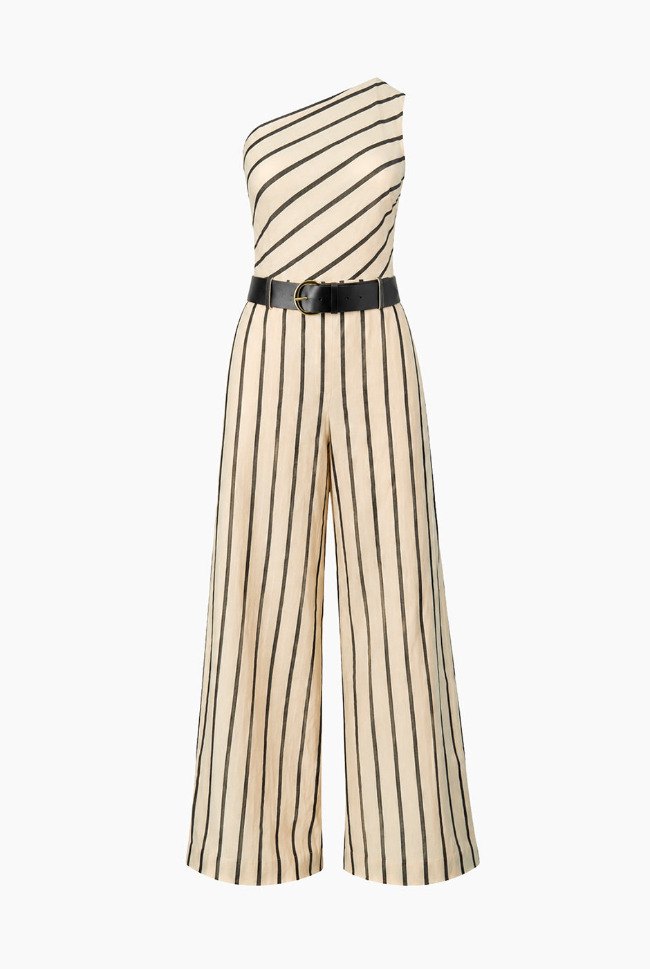 Jumpsuit Ivonne rayado beige, un hombro, cinturón negro