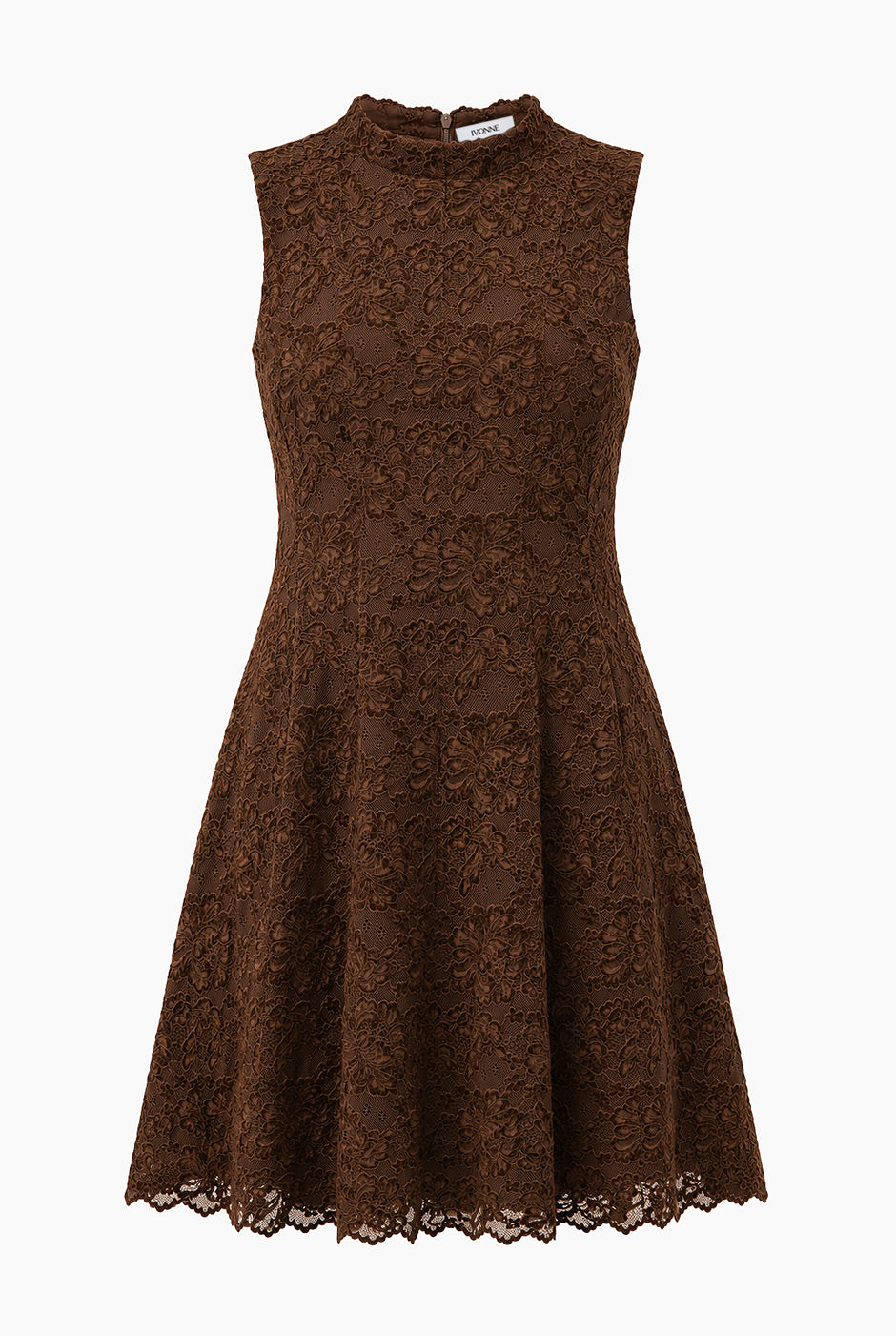 Vestido Ivonne corto café con encaje floral y sin mangas