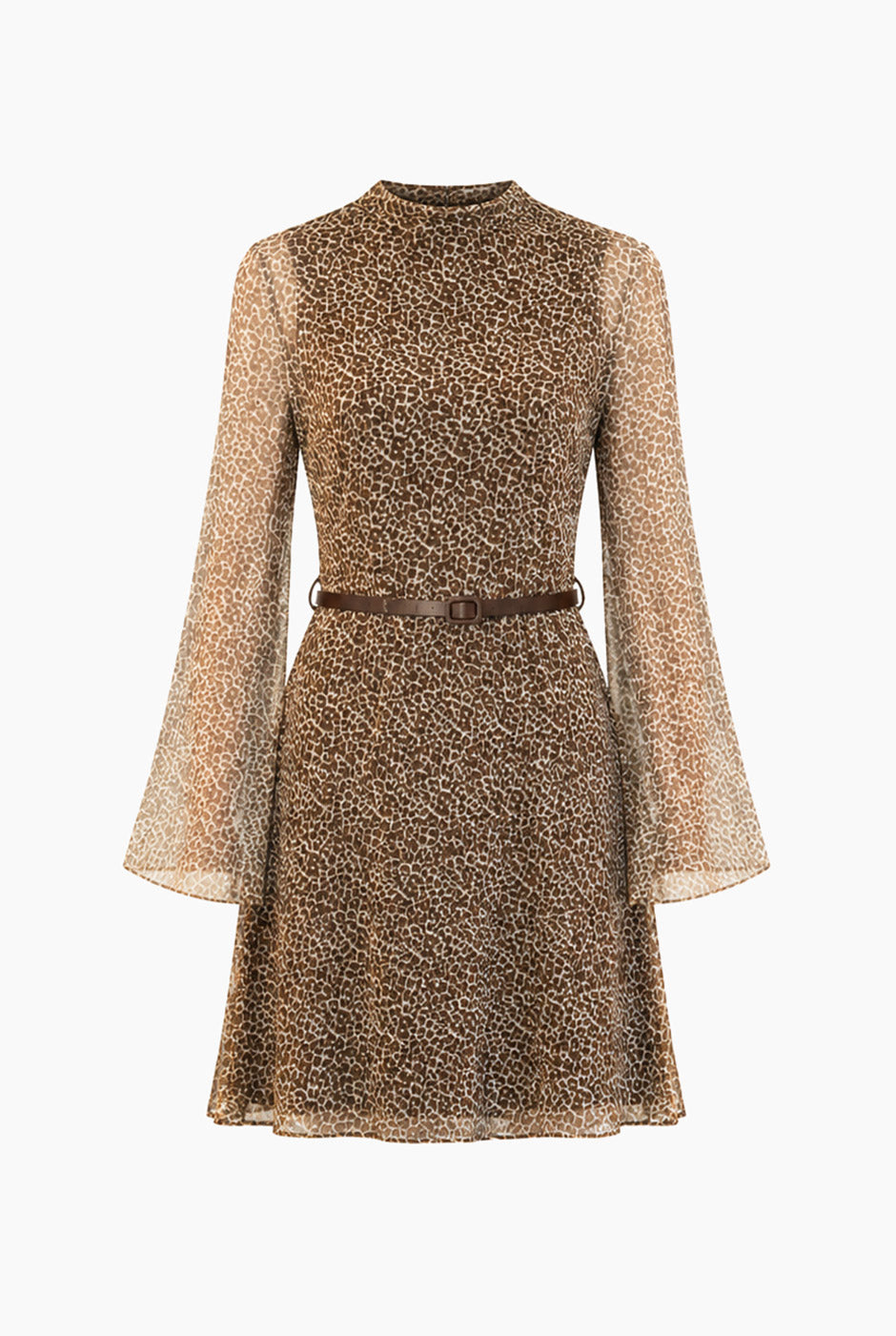 Vestido corto Ivonne café con estampado animal print y mangas campana