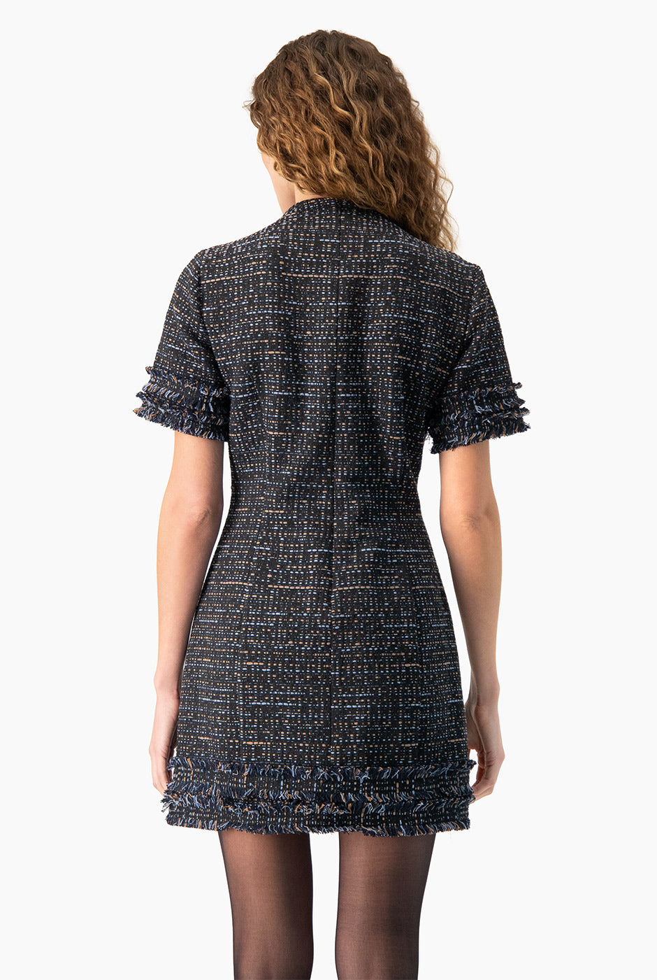 Vestido recto tejido Ivonne azul marino con olanes en mangas