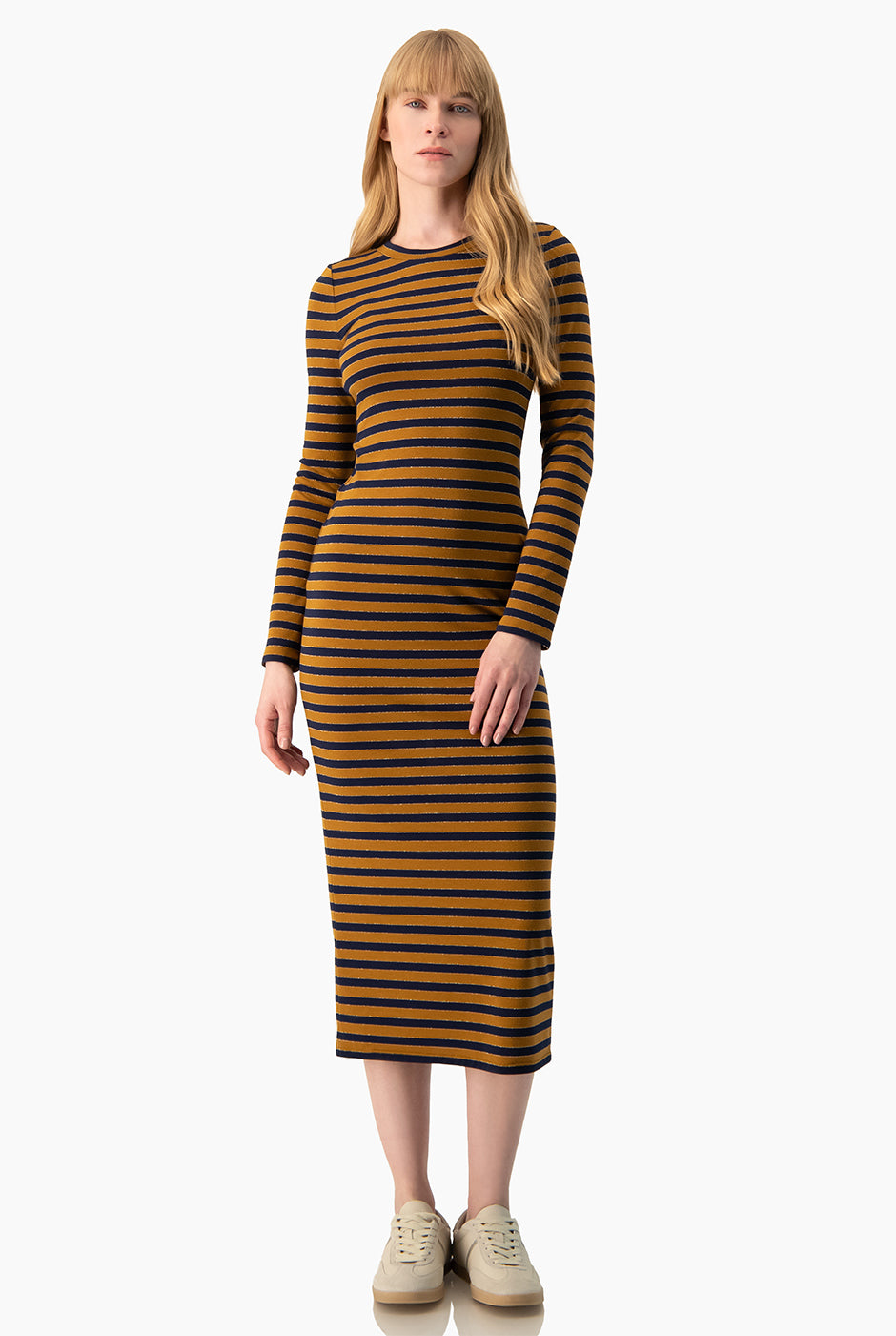 Vestido Ivonne midi de manga larga con estampado de rayas multicolor