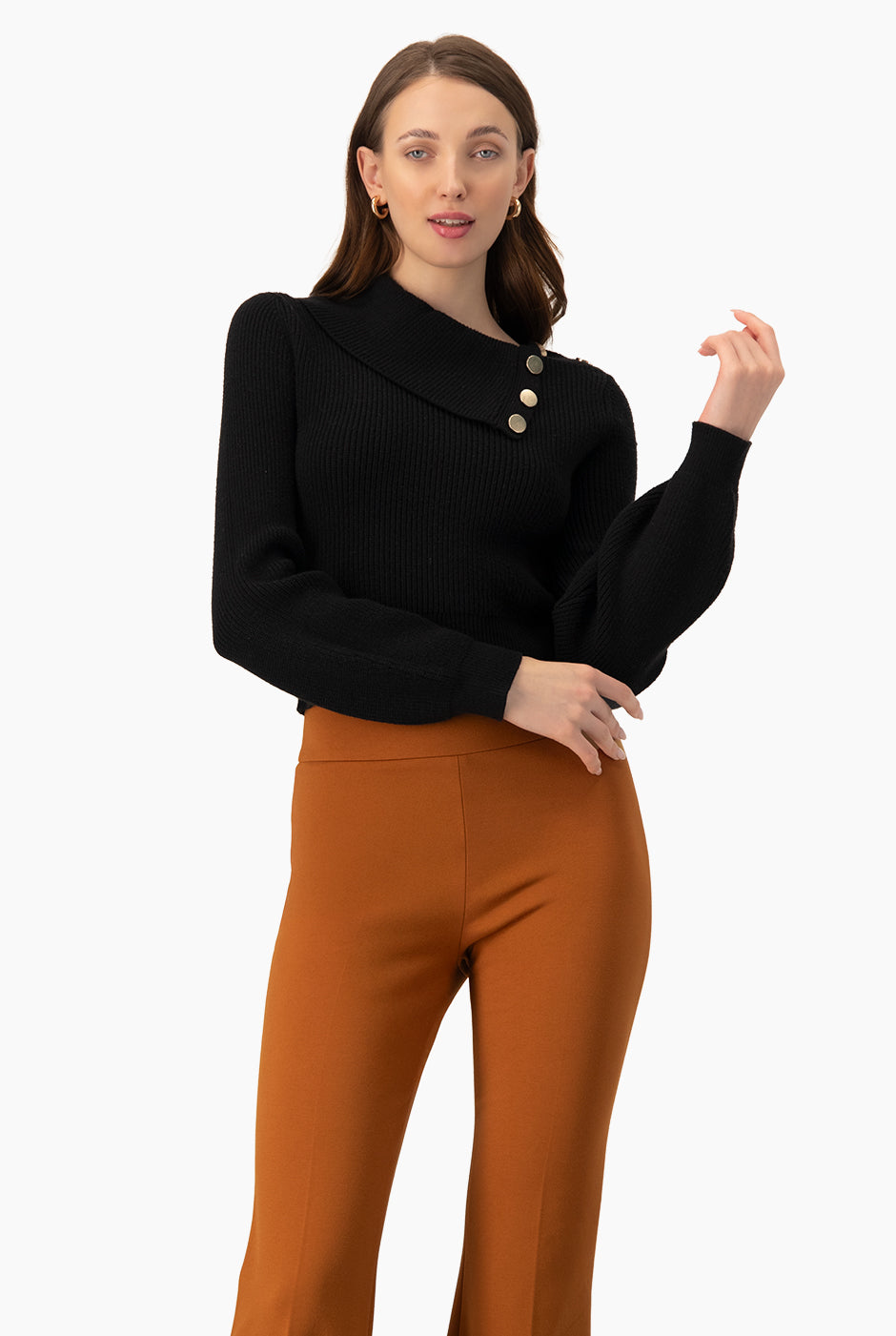 Jeans Sueter Cuello Caido Suéter Negro Con Cuello Asimétrico Y Botones