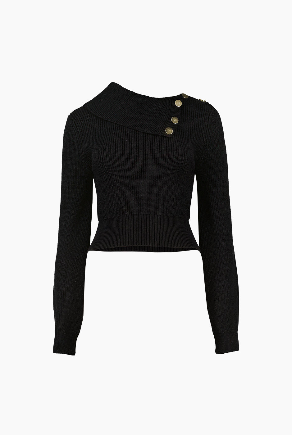 Suéter negro con cuello asimétrico y botones decorativos