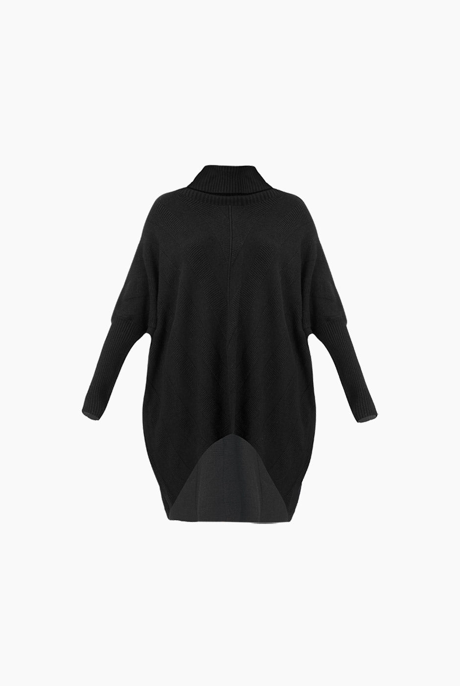 Pullover Maxi V negro con diseño acanalado y cuello alto