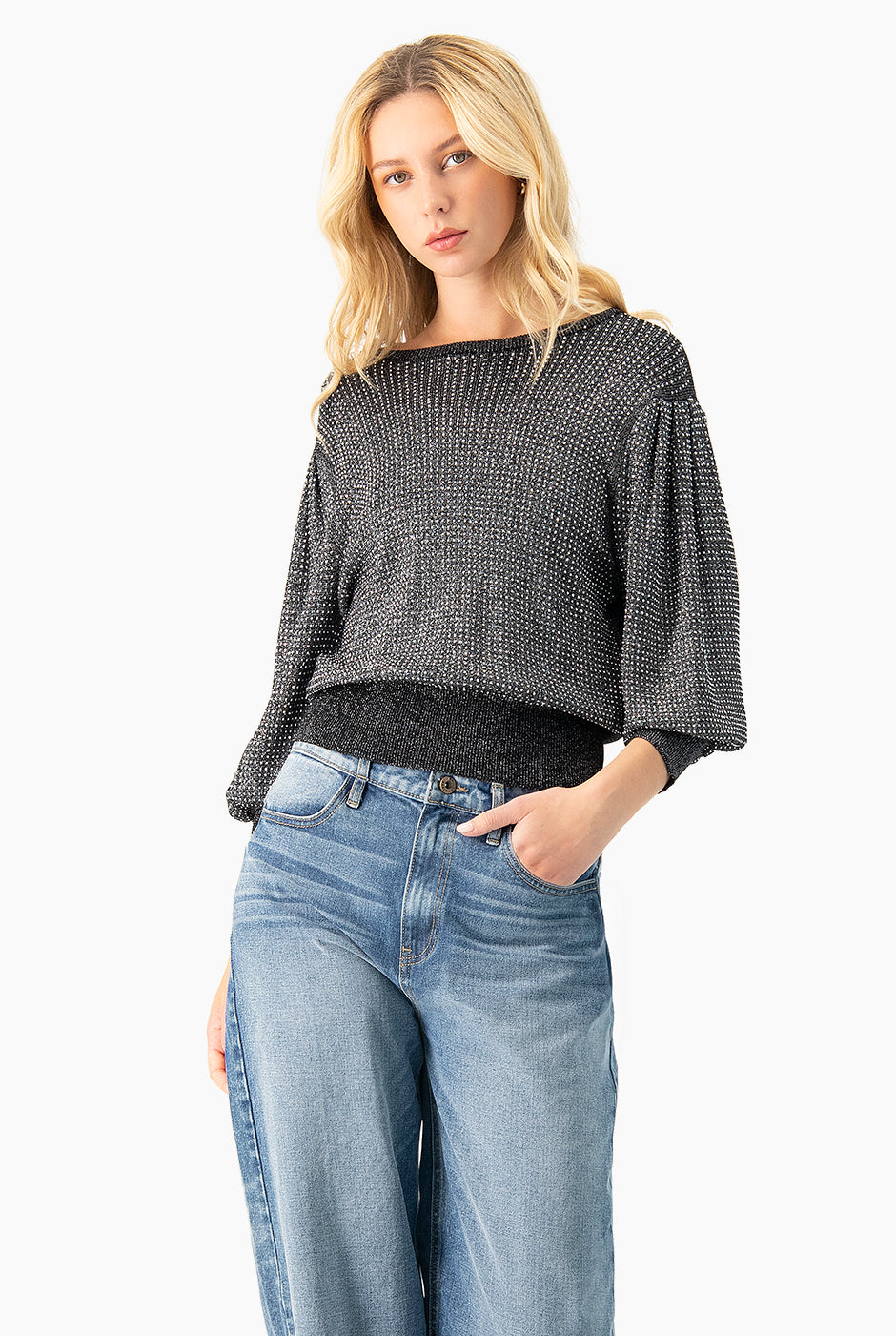 Pullover Strass plateado con brillo y manga aglobada