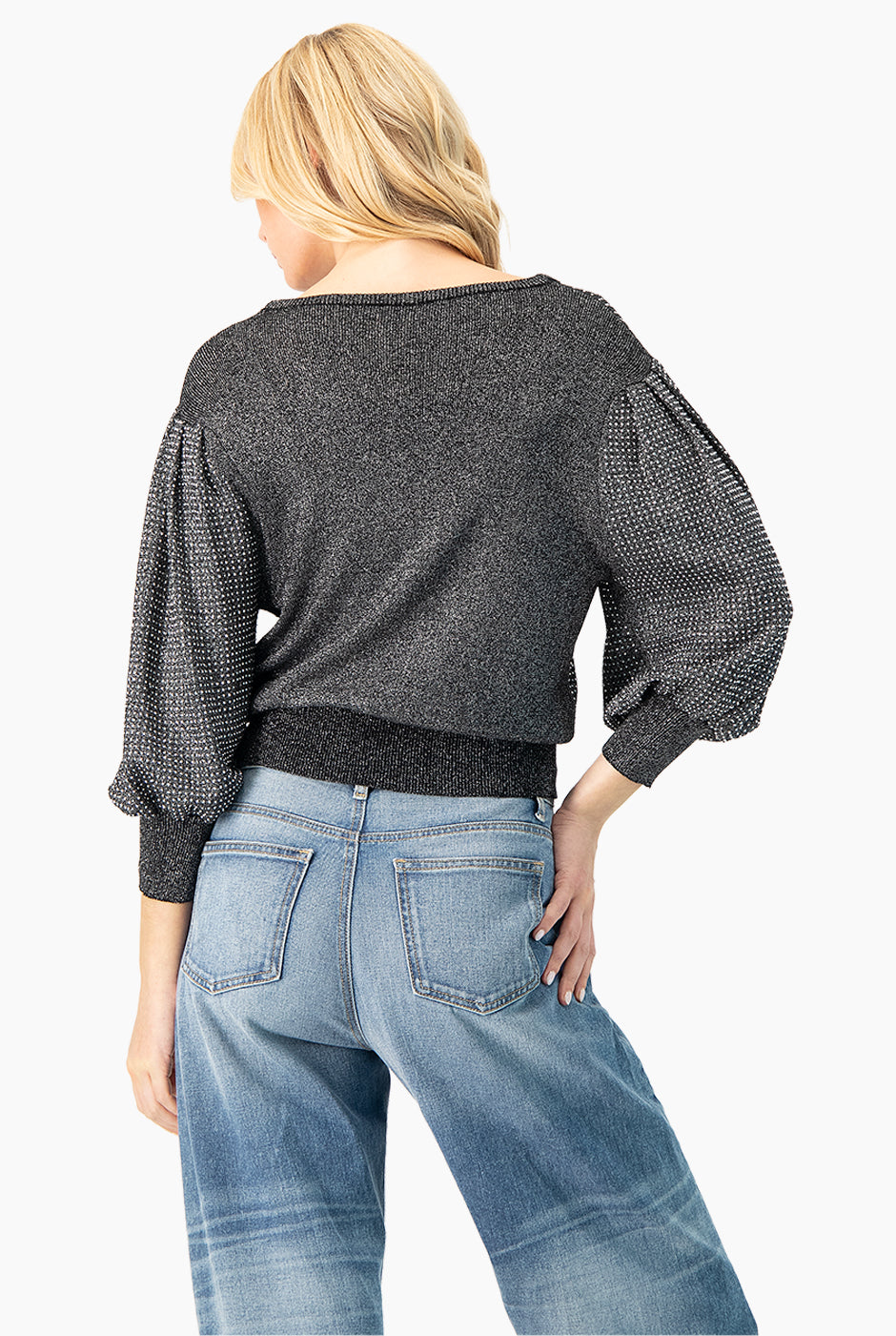 Pullover Strass plateado con brillo y manga aglobada