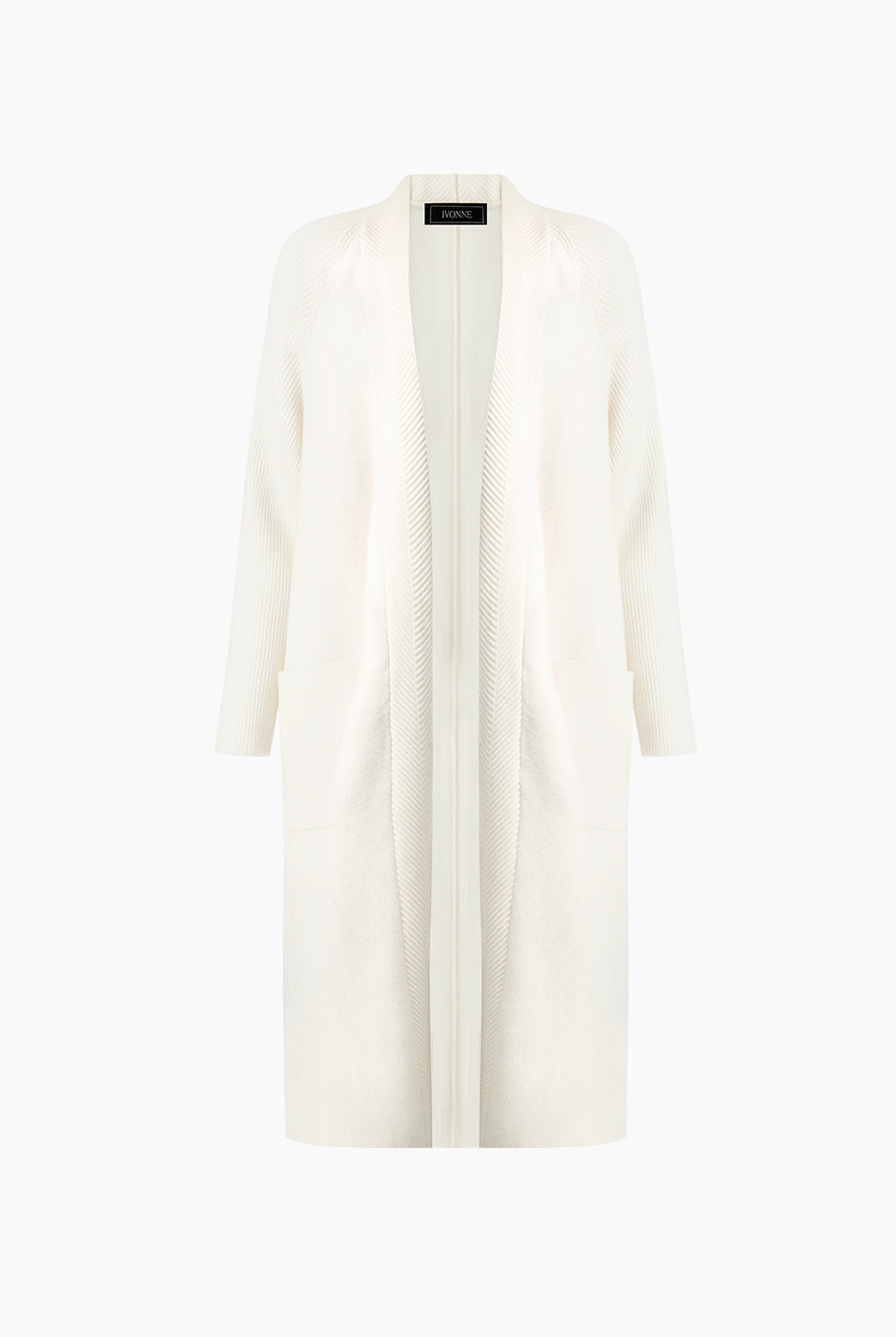 Cárdigan largo tejido blanco con bolsillos delanteros