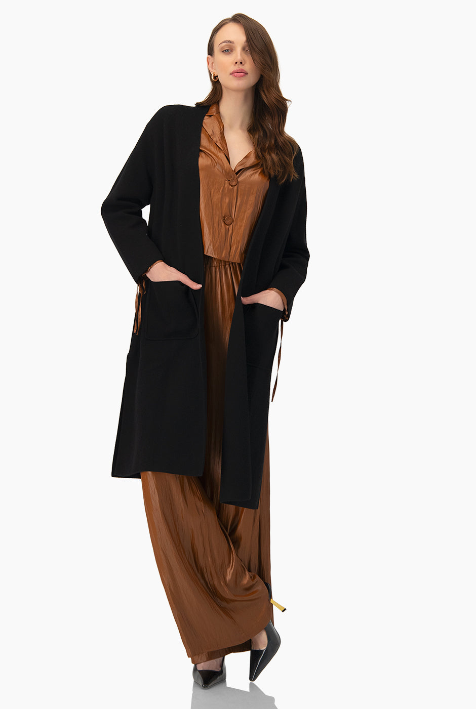 Cárdigan Maxi Black con bolsillos y cuello alto