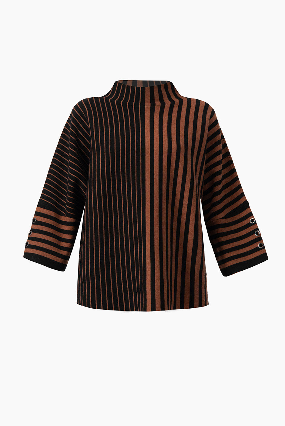 Maxi Pullover Rayas Café con Cuello Alto y Botones