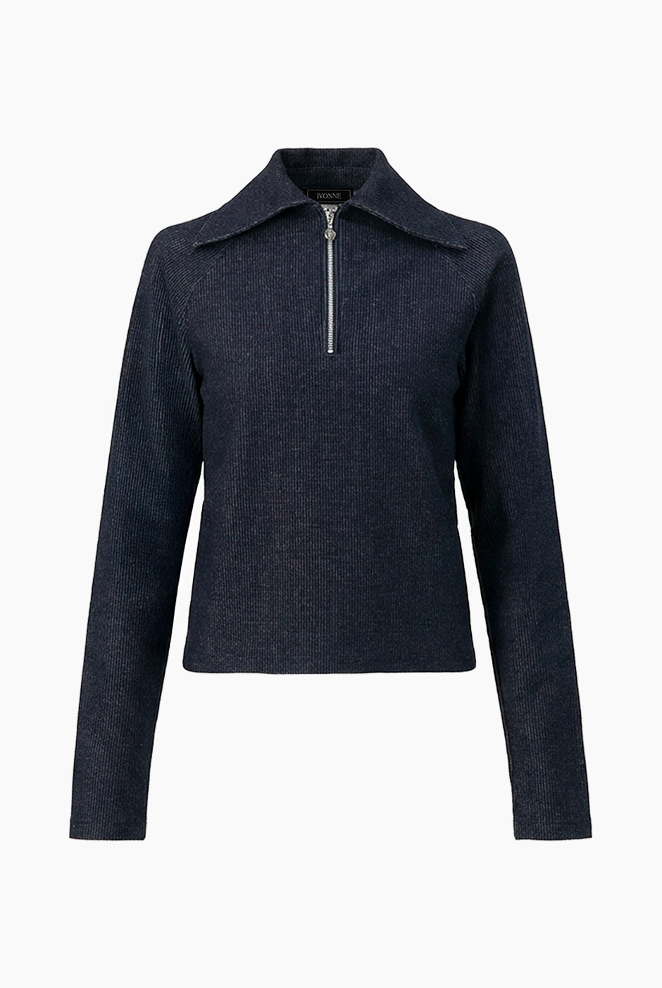 Suéter acanalado azul marino con cierre y cuello alto
