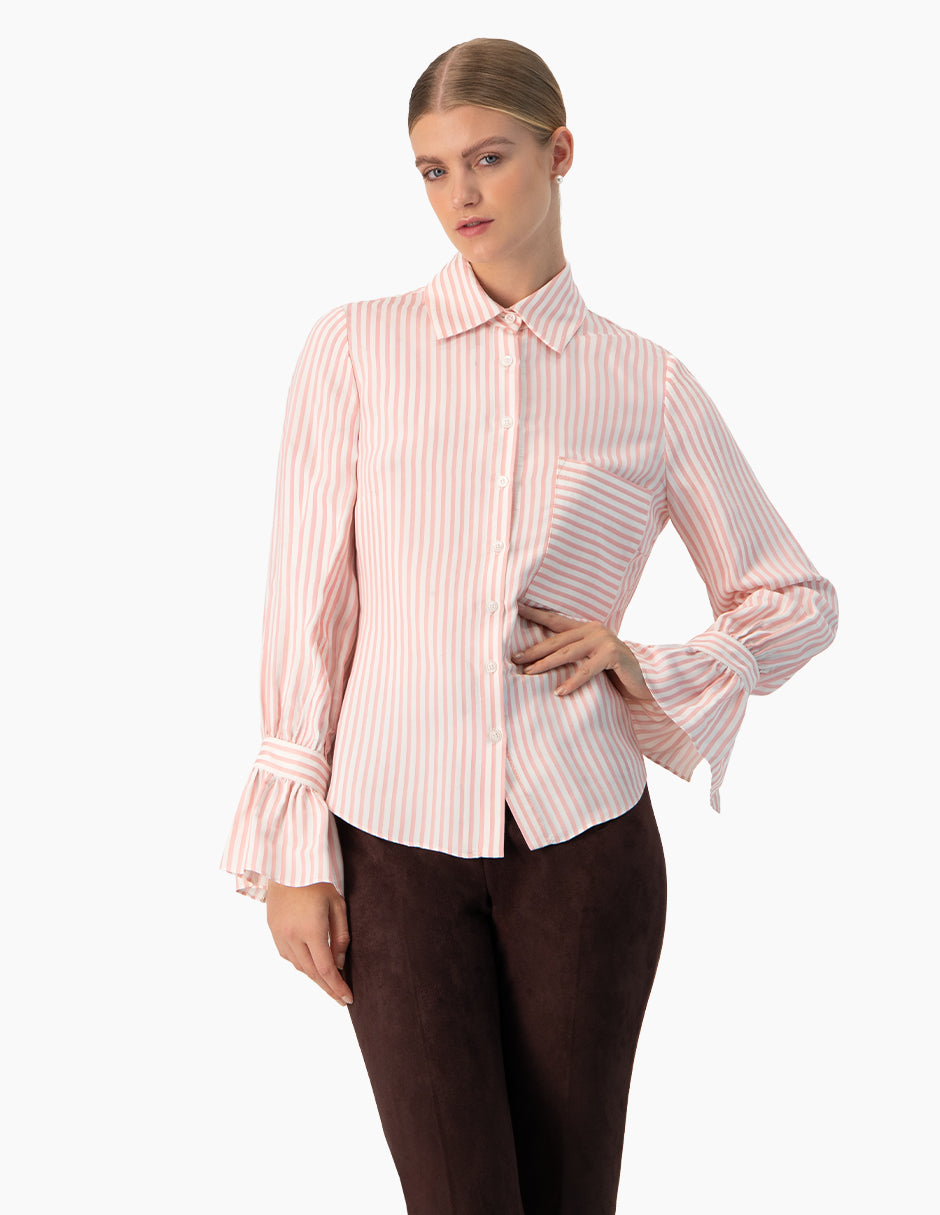 Camisa rayada rosa de manga larga con bolsillo frontal