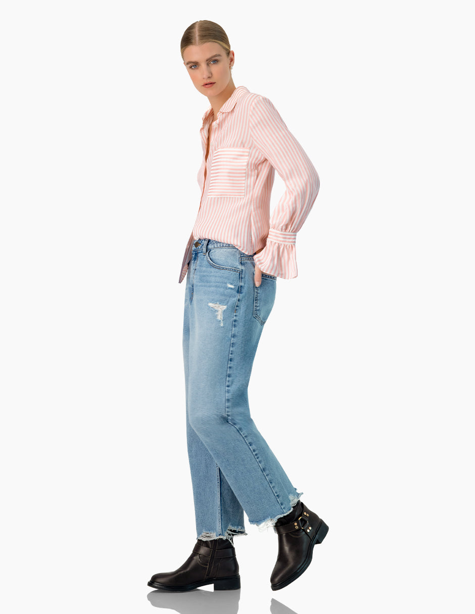 Camisa rayada rosa de manga larga con bolsillo frontal